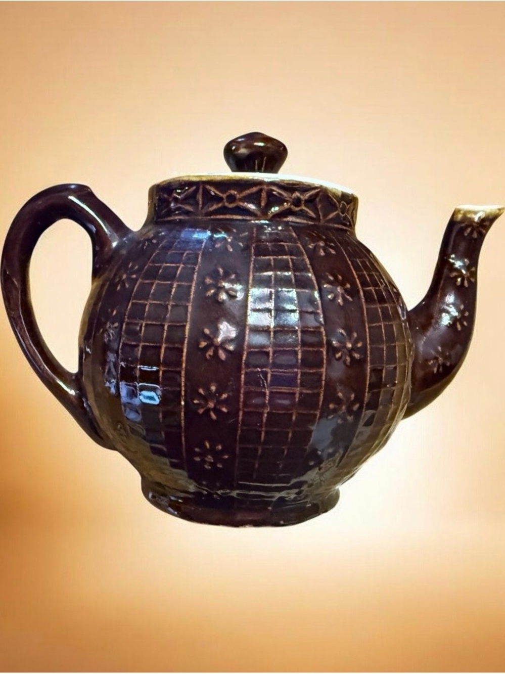 Antique ~1800s~Whitehall Stoneware Teapot~Brown~Glazed~Lattice & Floral Design